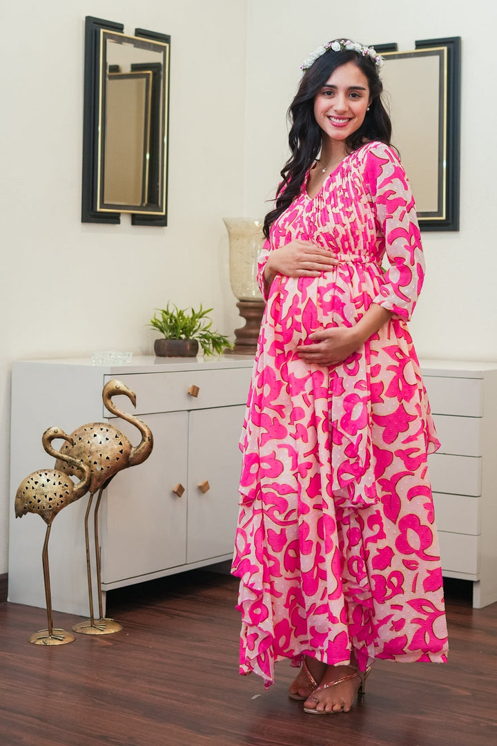 Lovable Baby Pink Maternity & Nursing Pintucks Flow Dress momzjoy.com