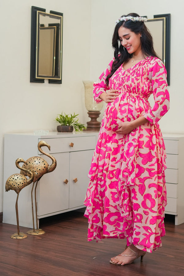 Lovable Baby Pink Maternity & Nursing Pintucks Flow Dress momzjoy.com