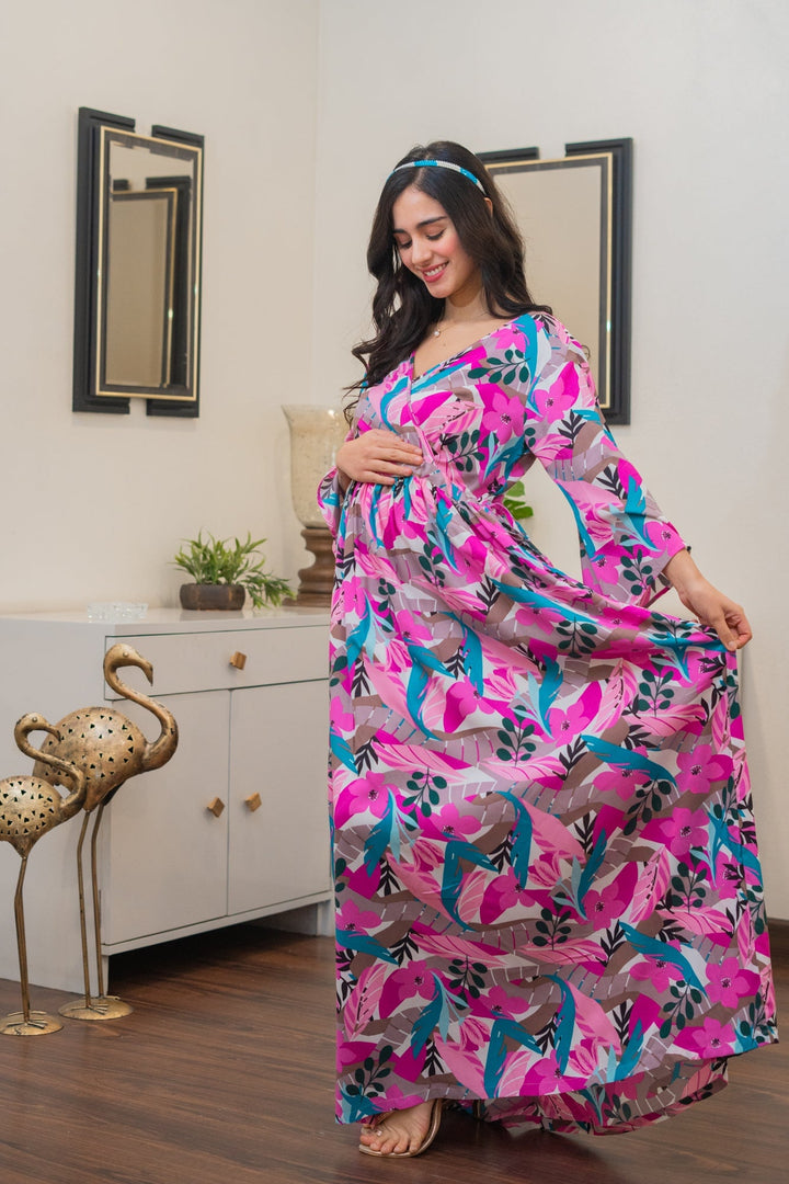 Flamingo Pink Floral Wrap Maternity & Nursing Maxi momzjoy.com