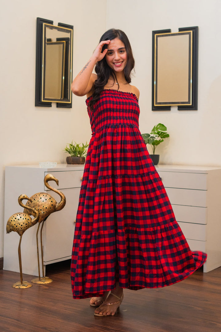Gorgeous Red Plaid Off Shoulder Maternity Layered Dress momzjoy.com