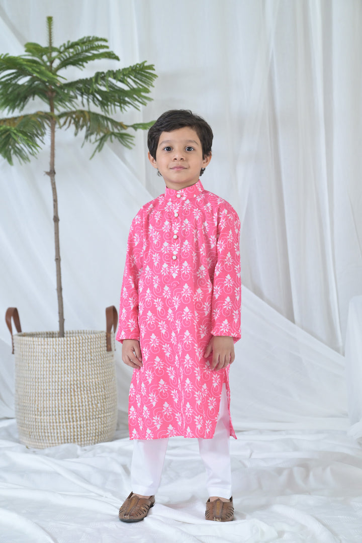 Hot Pink Floral Kurta Set (3pc) (0-12 Yrs) MOMZJOY.COM