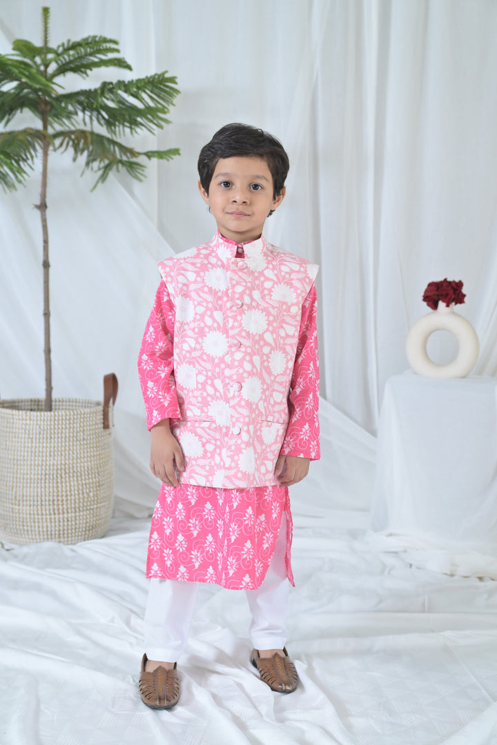 Hot Pink Floral Kurta Set (3pc) (0-12 Yrs) MOMZJOY.COM