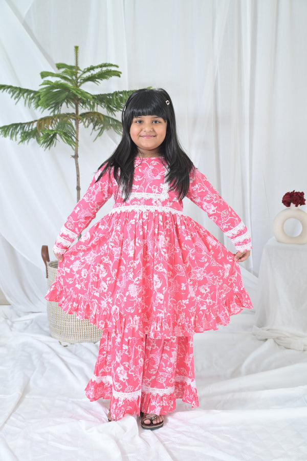 Darling Pink Floral Kurta + Sharara Set (2pc) (0-12 Yrs) MOMZJOY.COM