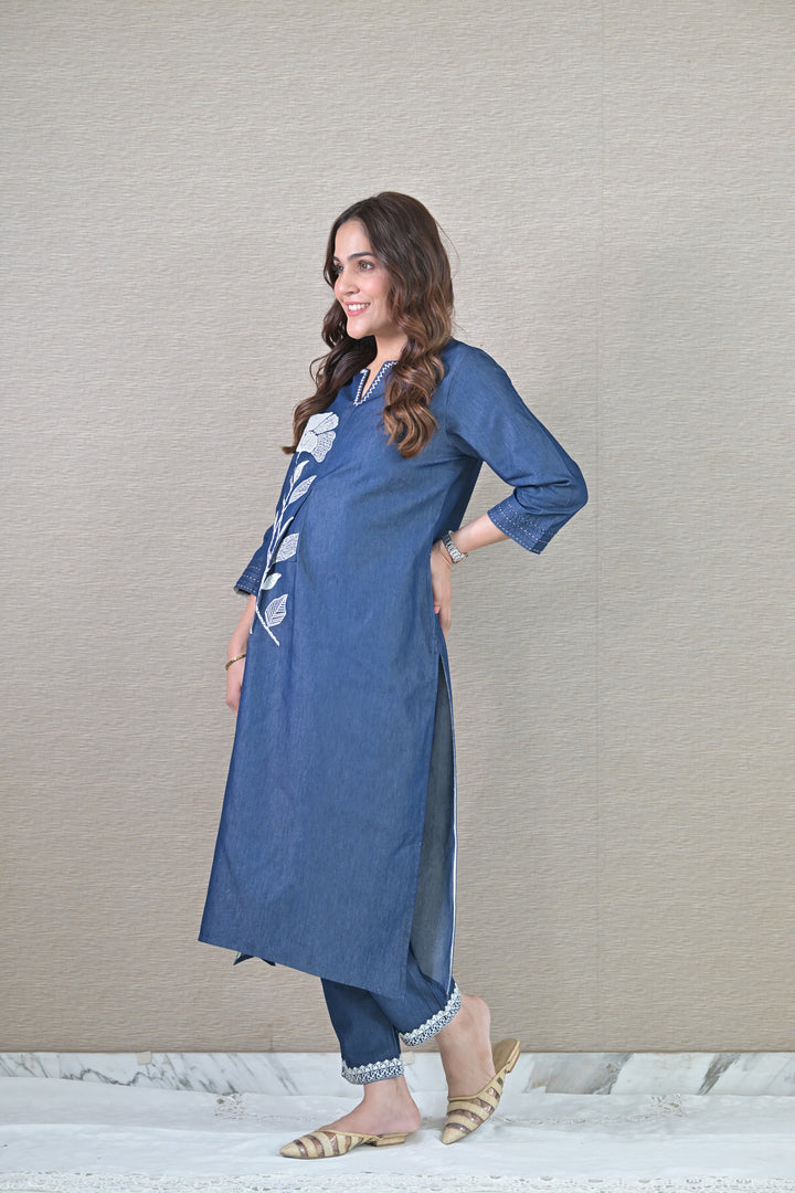 Graceful Denim Maternity Kurta Set (2 pc) (100% Cotton) momzjoy.com