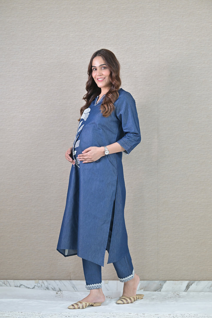 Graceful Denim Maternity Kurta Set (2 pc) (100% Cotton) momzjoy.com