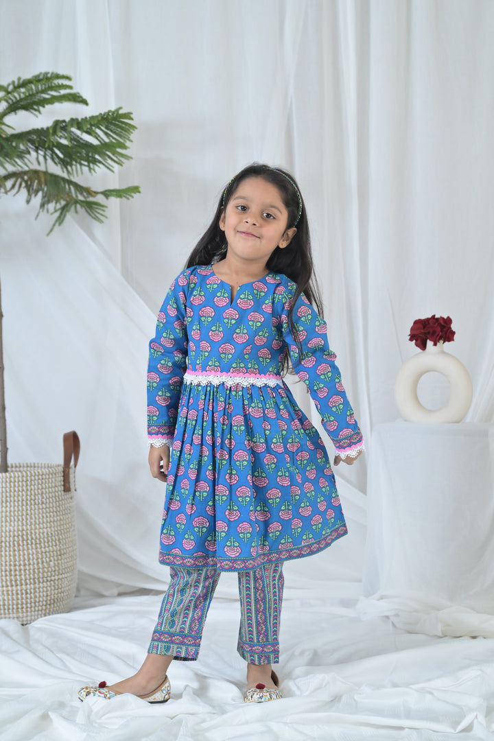 Peppy Blue Floral Kurta Set (2pc) (0-12 Yrs) MOMZJOY.COM