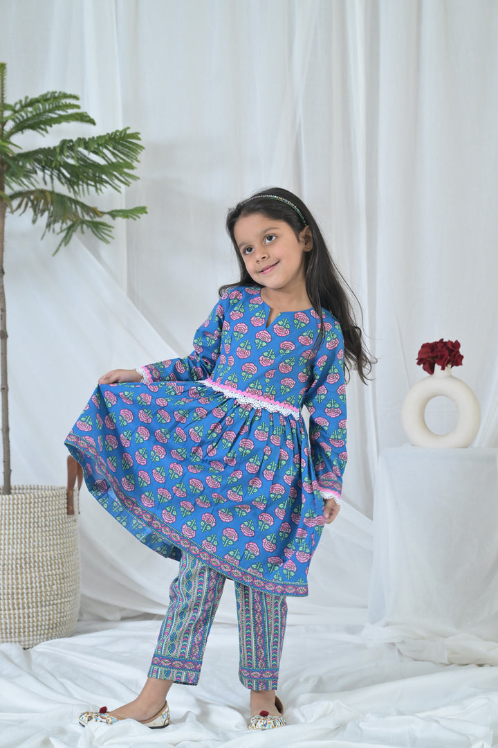 Peppy Blue Floral Kurta Set (2pc) (0-12 Yrs) MOMZJOY.COM