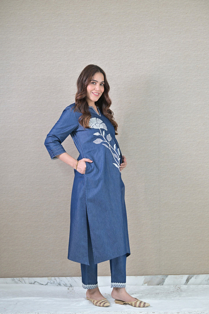 Graceful Denim Maternity Kurta Set (2 pc) (100% Cotton) momzjoy.com