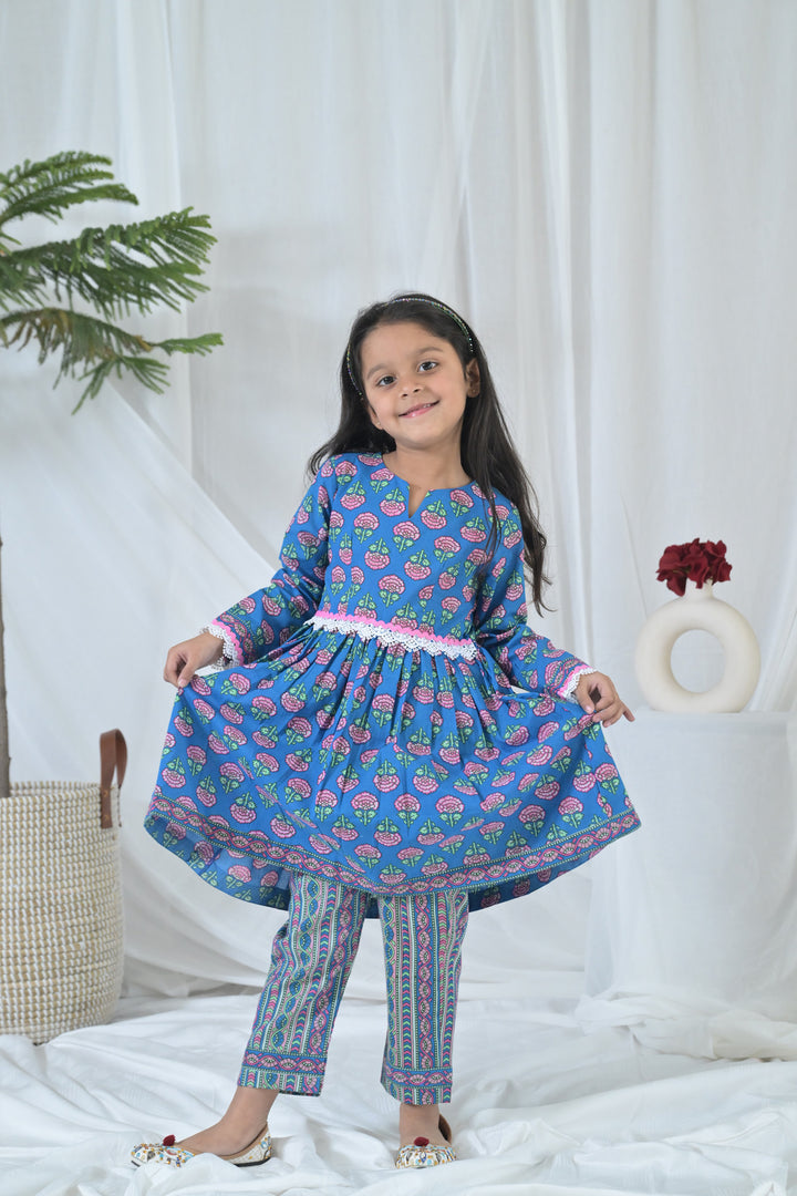 Peppy Blue Floral Kurta Set (2pc) (0-12 Yrs) MOMZJOY.COM