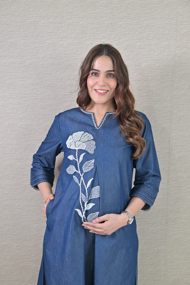 Graceful Denim Maternity Kurta Set (2 pc) (100% Cotton) momzjoy.com