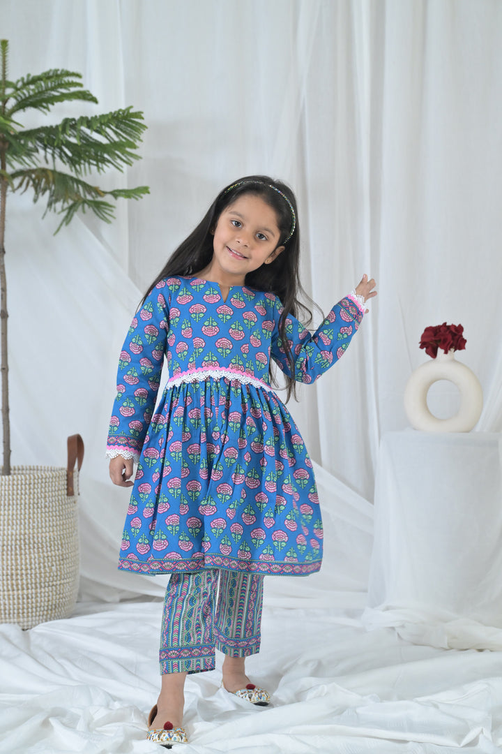 Peppy Blue Floral Kurta Set (2pc) (0-12 Yrs) MOMZJOY.COM