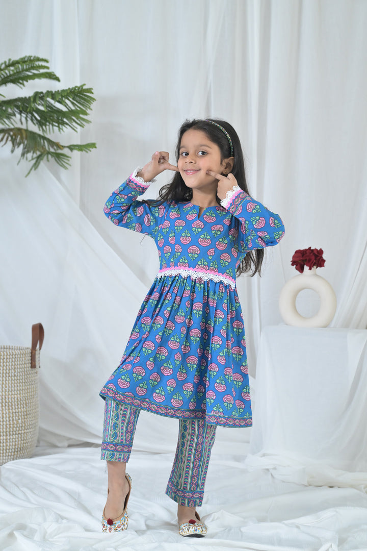 Peppy Blue Floral Kurta Set (2pc) (0-12 Yrs) MOMZJOY.COM