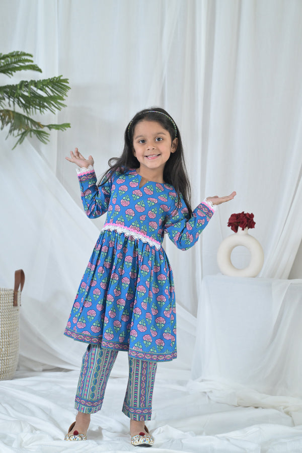 Peppy Blue Floral Kurta Set (2pc) (0-12 Yrs) MOMZJOY.COM