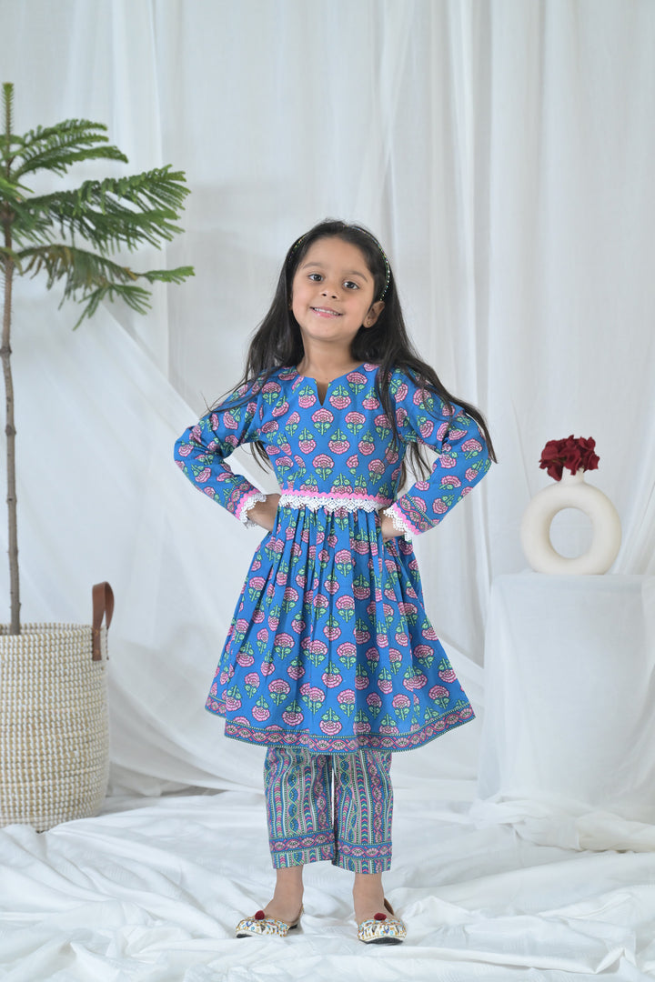 Peppy Blue Floral Kurta Set (2pc) (0-12 Yrs) MOMZJOY.COM