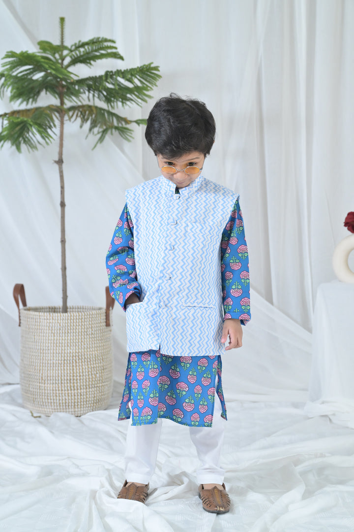 Cute Blue Blossom Kurta Set (3pc) (0-12 Yrs) MOMZJOY.COM