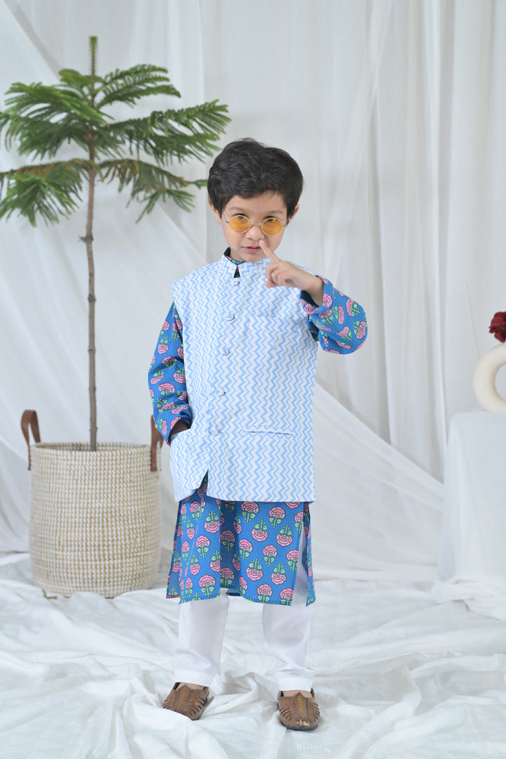 Cute Blue Blossom Kurta Set (3pc) (0-12 Yrs) MOMZJOY.COM