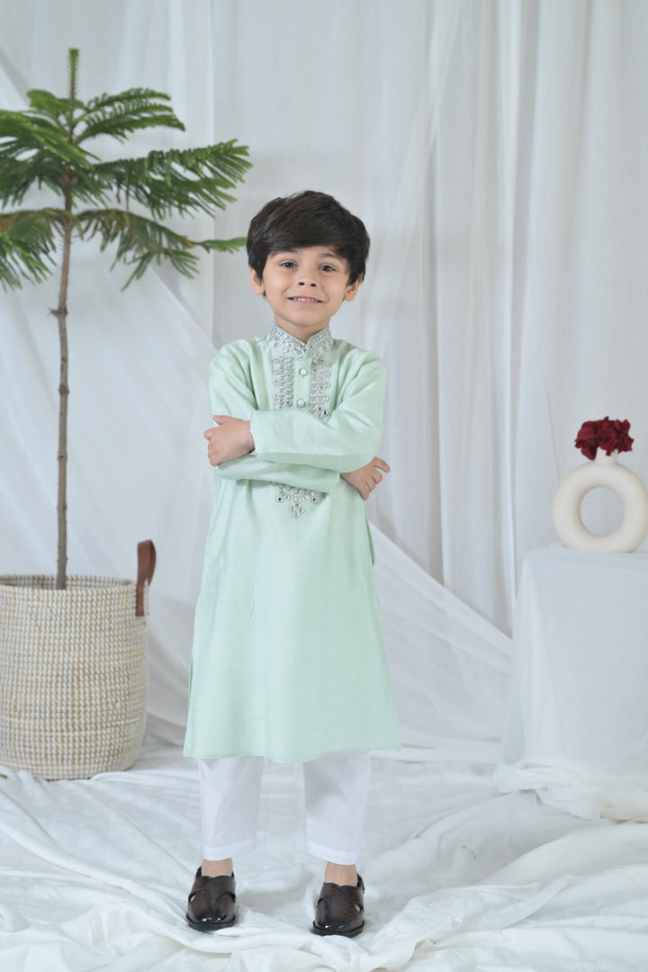 Luxe Tiny Green Embroidered Kurta Set (3pc) (0-12 Yrs) MOMZJOY.COM