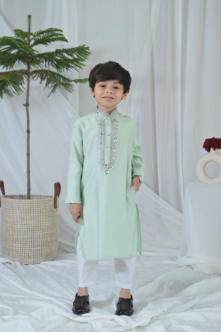 Luxe Tiny Green Embroidered Kurta Set (3pc) (0-12 Yrs) MOMZJOY.COM