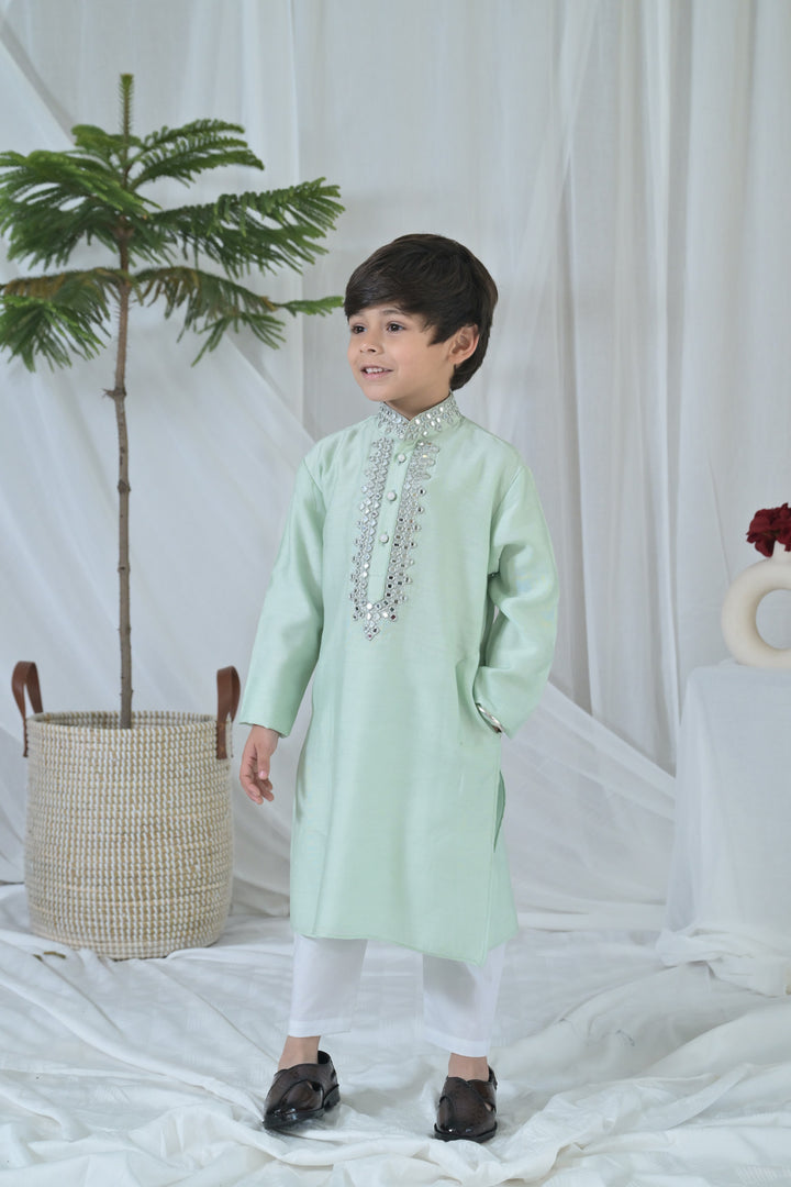 Luxe Tiny Green Embroidered Kurta Set (3pc) (0-12 Yrs) MOMZJOY.COM