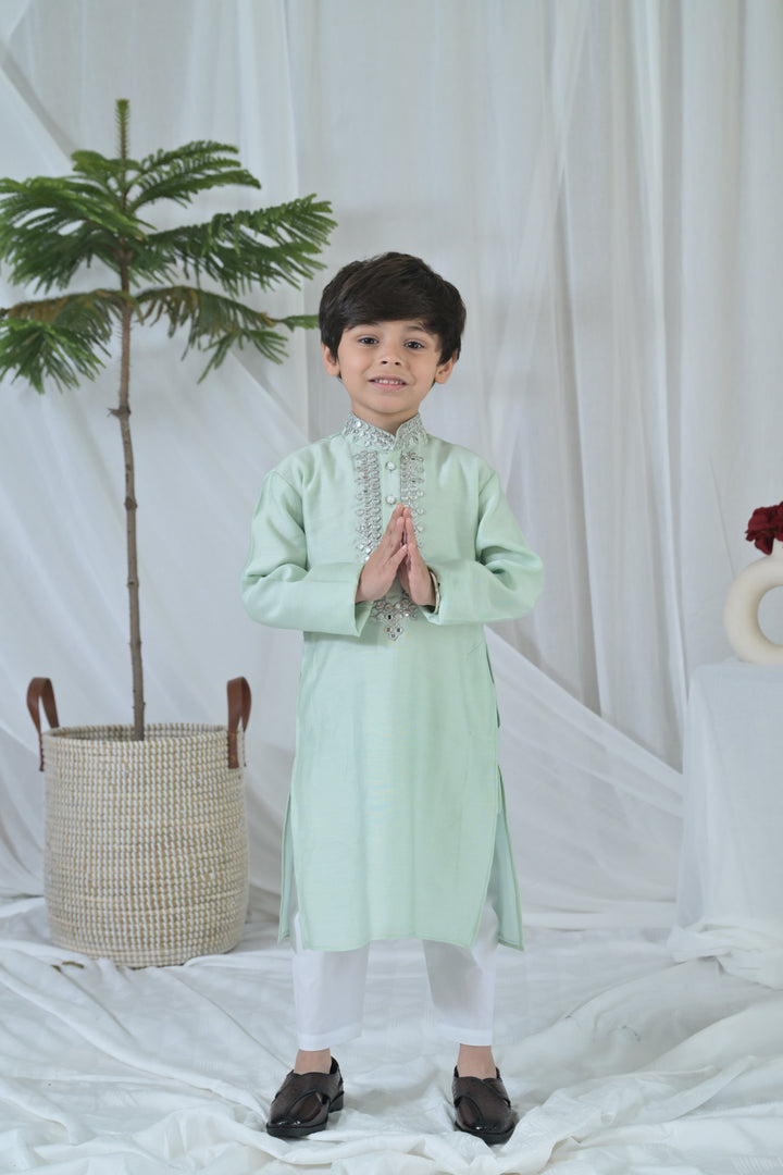 Luxe Tiny Green Embroidered Kurta Set (3pc) (0-12 Yrs) MOMZJOY.COM