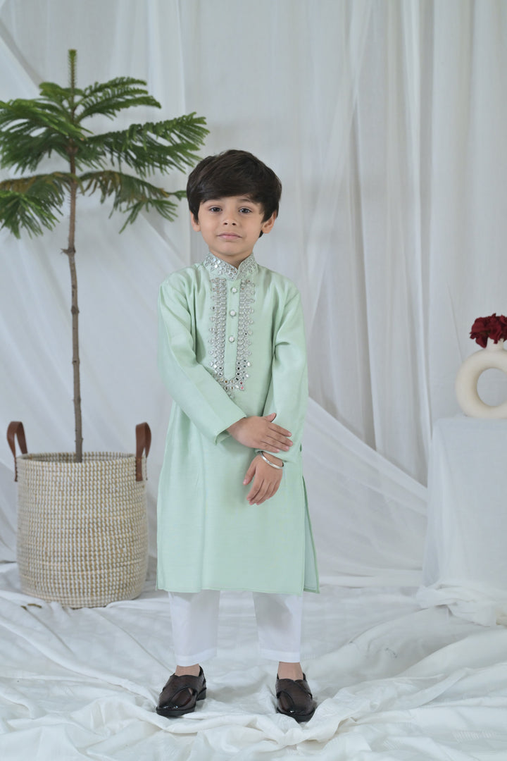 Luxe Tiny Green Embroidered Kurta Set (3pc) (0-12 Yrs) MOMZJOY.COM