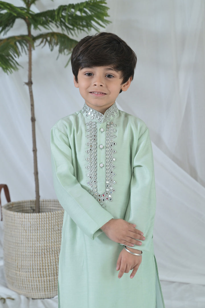 Luxe Tiny Green Embroidered Kurta Set (3pc) (0-12 Yrs) MOMZJOY.COM