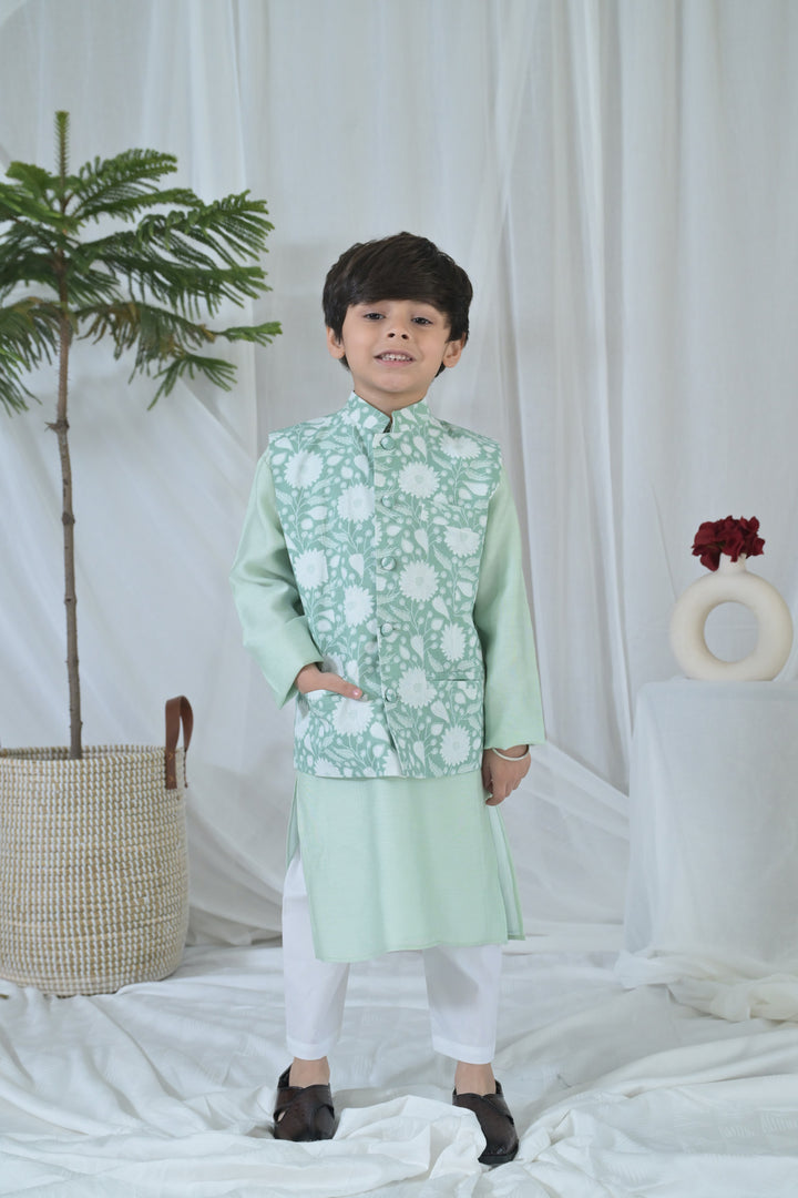 Luxe Tiny Green Embroidered Kurta Set (3pc) (0-12 Yrs) MOMZJOY.COM