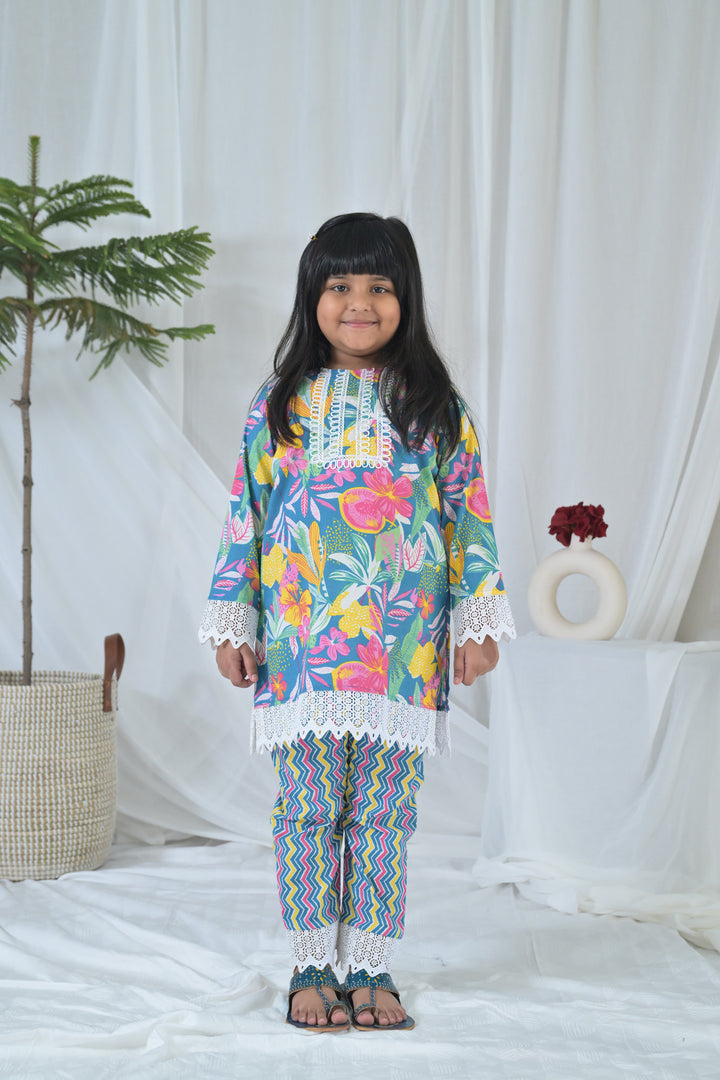 Blue Flower Pop Kurta Set (2pc) (0-12 Yrs) MOMZJOY.COM