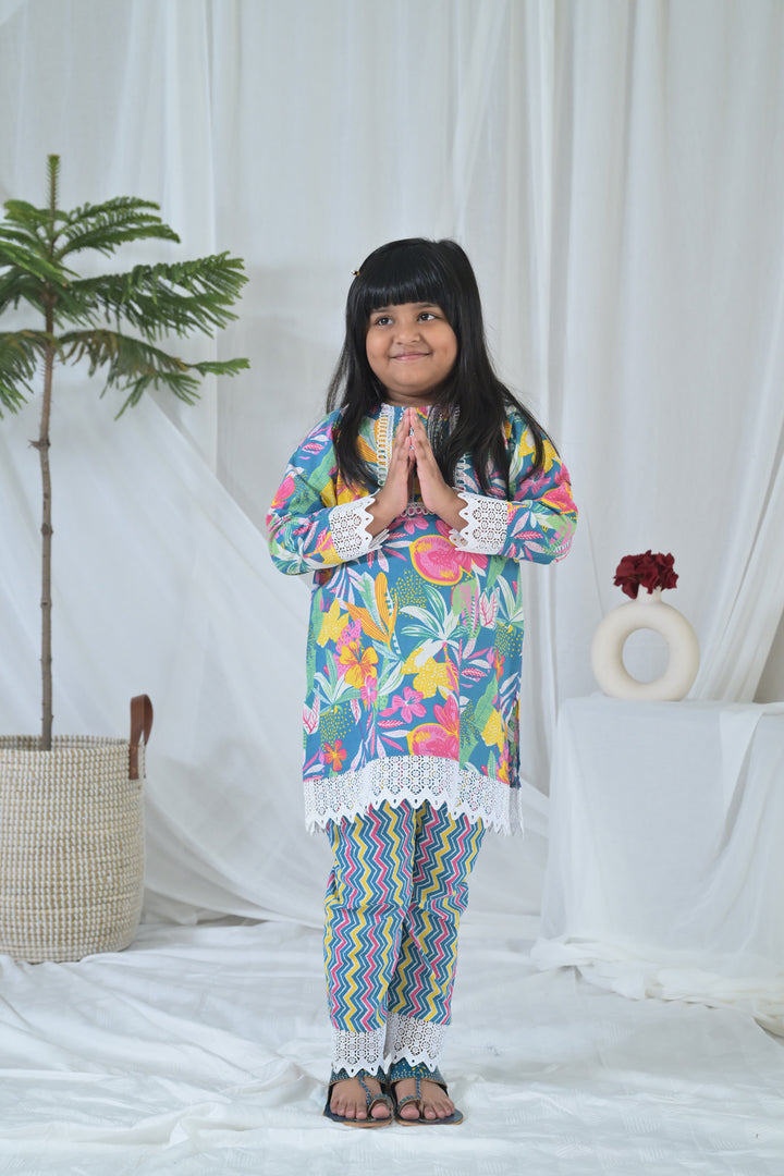 Blue Flower Pop Kurta Set (2pc) (0-12 Yrs) MOMZJOY.COM