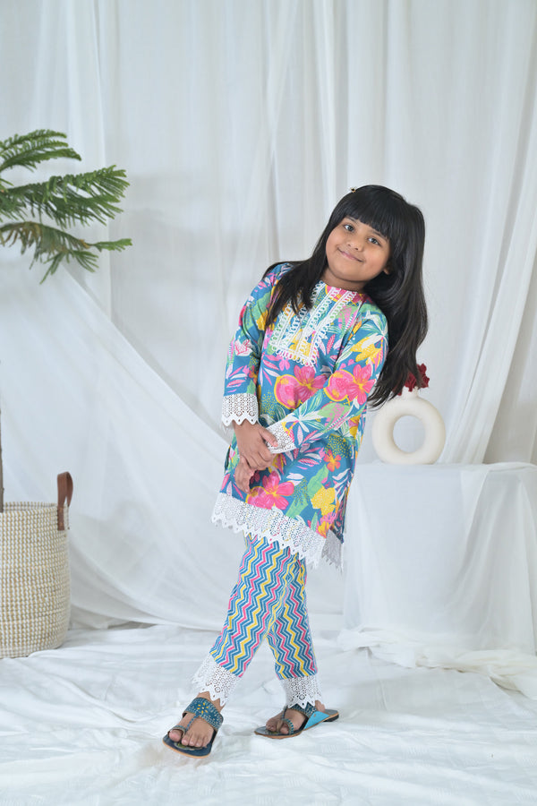 Blue Flower Pop Kurta Set (2pc) (0-12 Yrs) MOMZJOY.COM