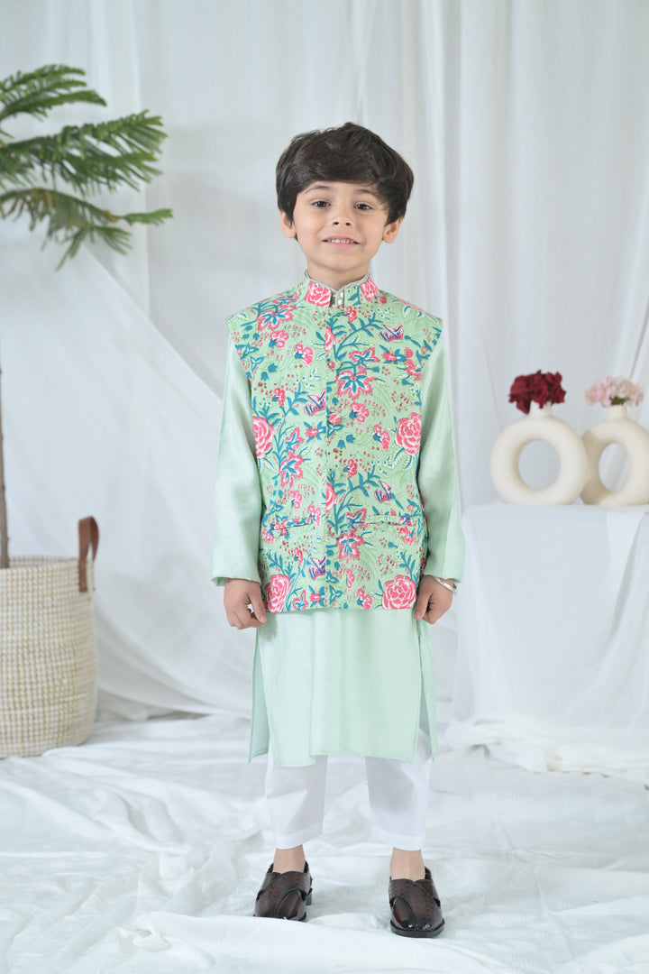 Luxe Pink Green Embroidered Kurta Set (3pc) (0-12 Yrs) MOMZJOY.COM