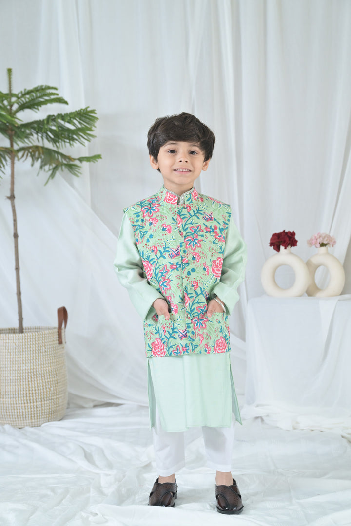 Luxe Pink Green Embroidered Kurta Set (3pc) (0-12 Yrs) MOMZJOY.COM