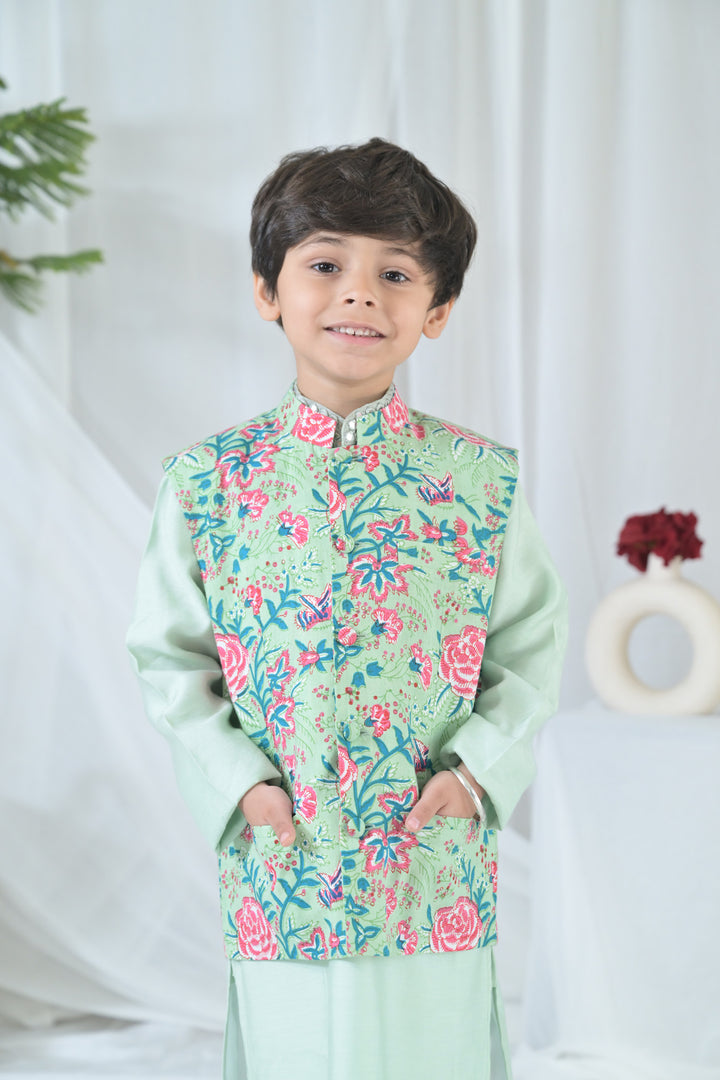 Luxe Pink Green Embroidered Kurta Set (3pc) (0-12 Yrs) MOMZJOY.COM