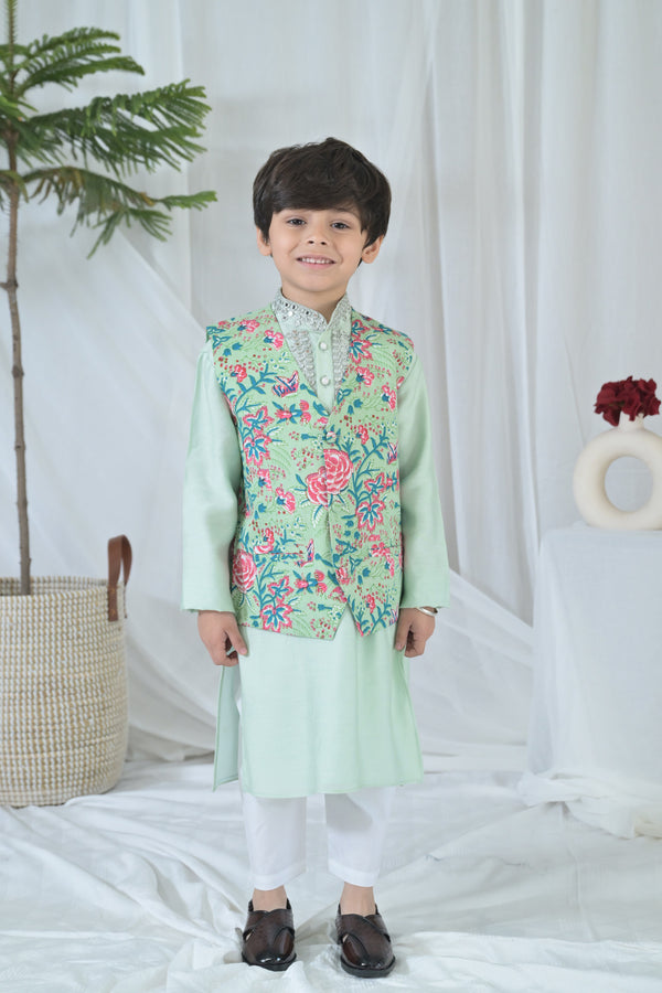 Luxe Pink Green Embroidered Kurta V-Bandi Set (3pc) (0-12 Yrs) MOMZJOY.COM