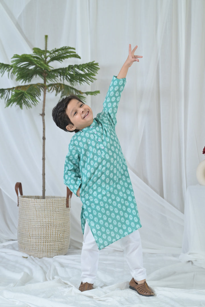 Cheerful Mint Floral Kurta Set (2pc) (0-12 Yrs) MOMZJOY.COM