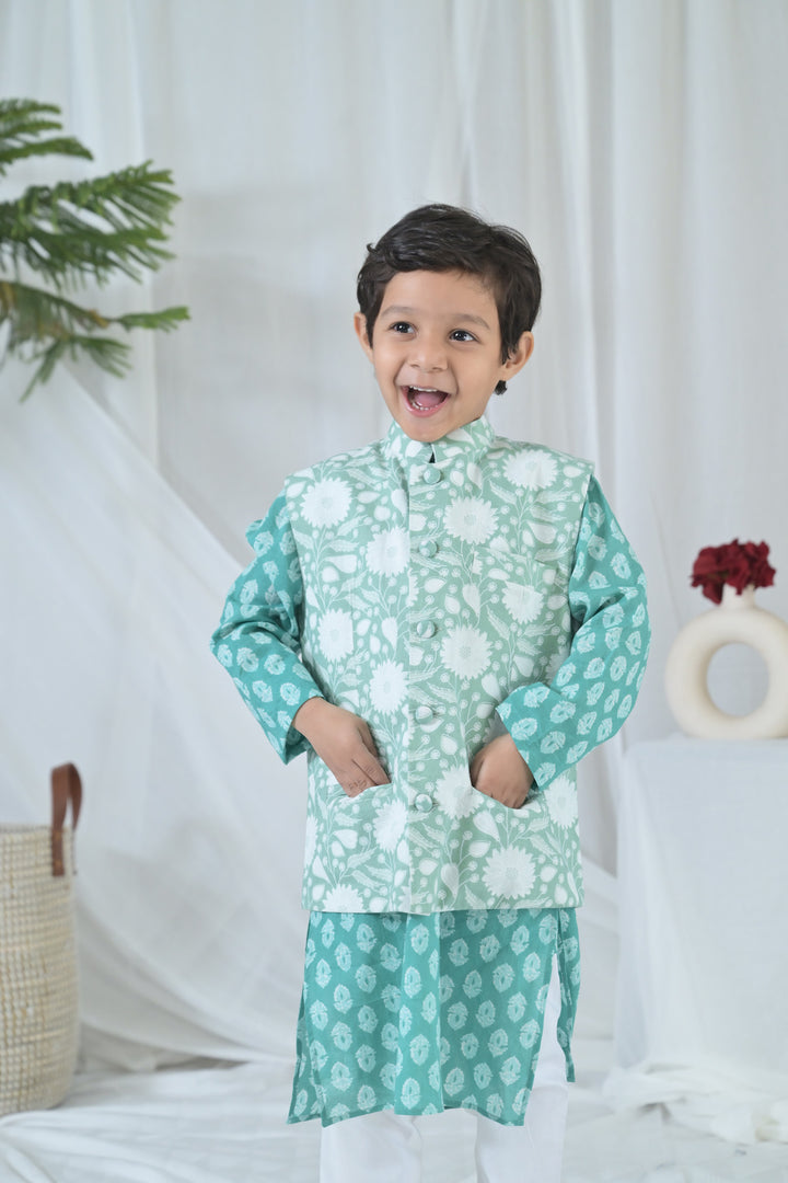 Groovy Mint Floral Kurta Set (3pc) (0-12 Yrs) MOMZJOY.COM