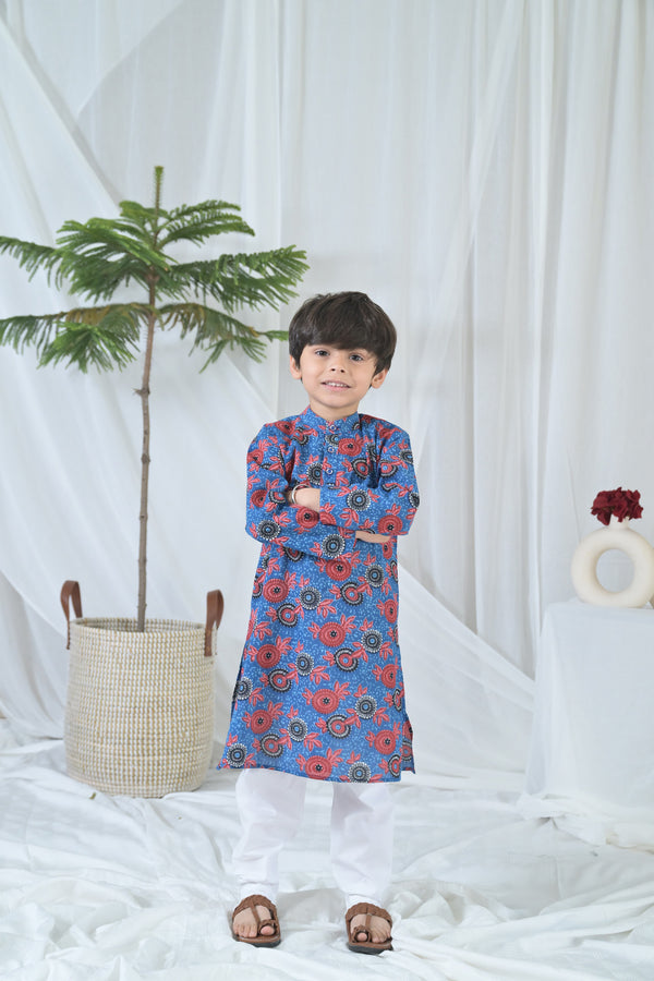 Poppy Blue Floral Kurta Set (2pc) (0-12 Yrs) MOMZJOY.COM