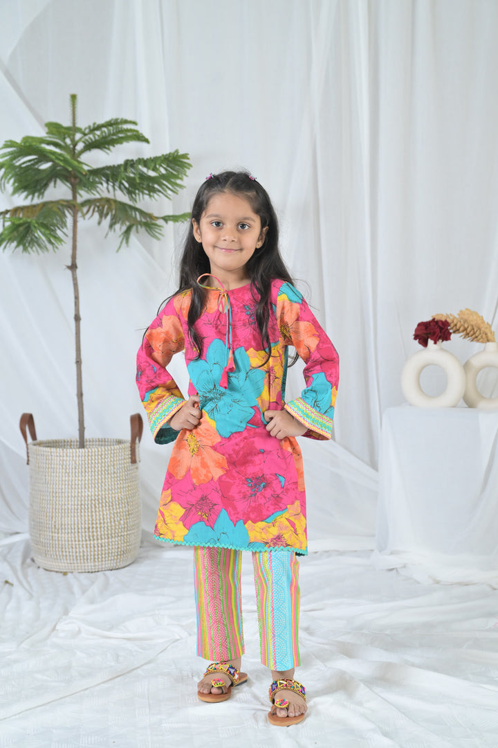 Vibrant Pink Blossom Kurta Set (2pc) (0-12 Yrs) MOMZJOY.COM