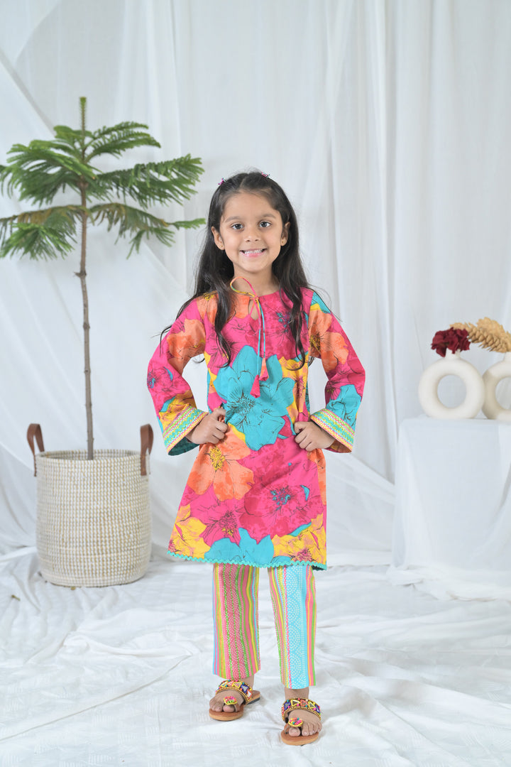 Vibrant Pink Blossom Kurta Set (2pc) (0-12 Yrs) MOMZJOY.COM