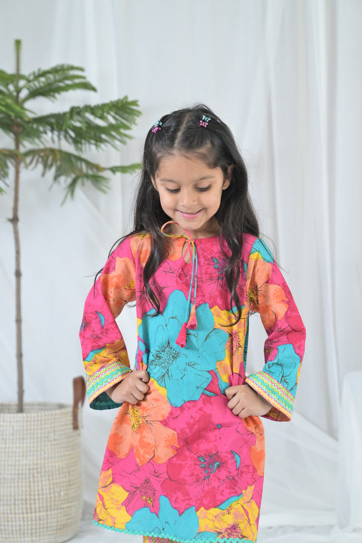 Vibrant Pink Blossom Kurta Set (2pc) (0-12 Yrs) MOMZJOY.COM