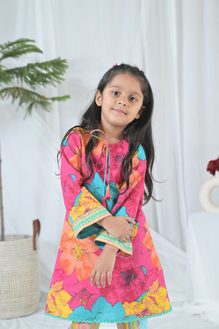 Vibrant Pink Blossom Kurta Set (2pc) (0-12 Yrs) MOMZJOY.COM