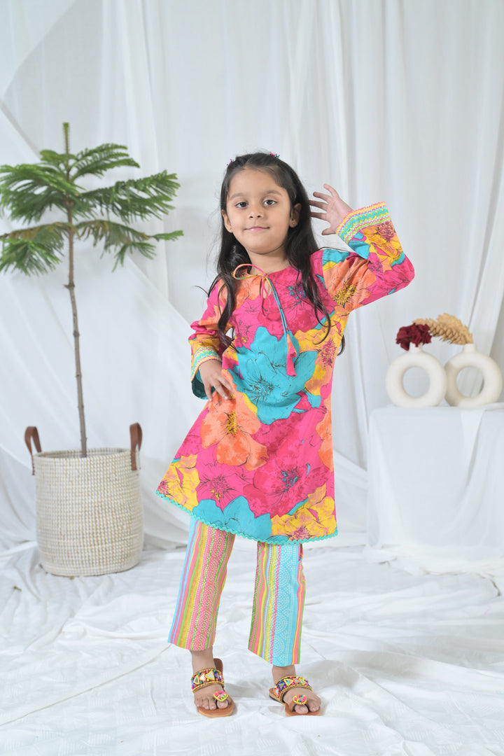 Vibrant Pink Blossom Kurta Set (2pc) (0-12 Yrs) MOMZJOY.COM