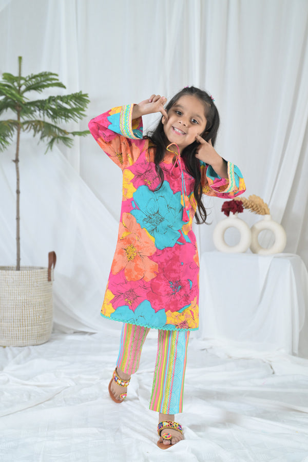 Vibrant Pink Blossom Kurta Set (2pc) (0-12 Yrs) MOMZJOY.COM