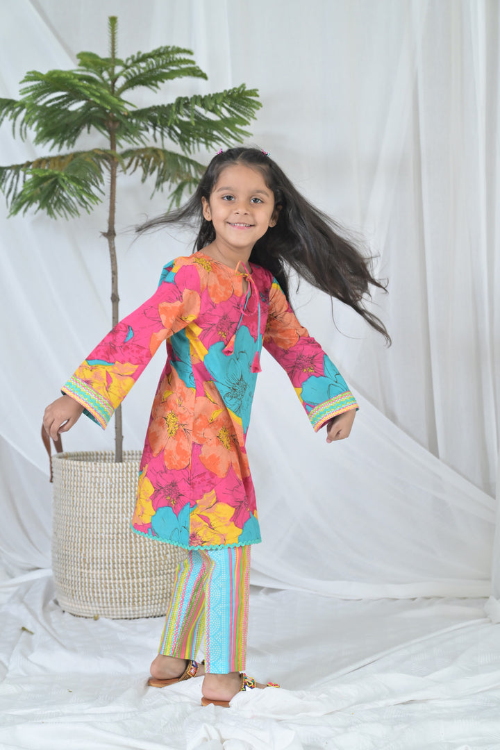 Vibrant Pink Blossom Kurta Set (2pc) (0-12 Yrs) MOMZJOY.COM