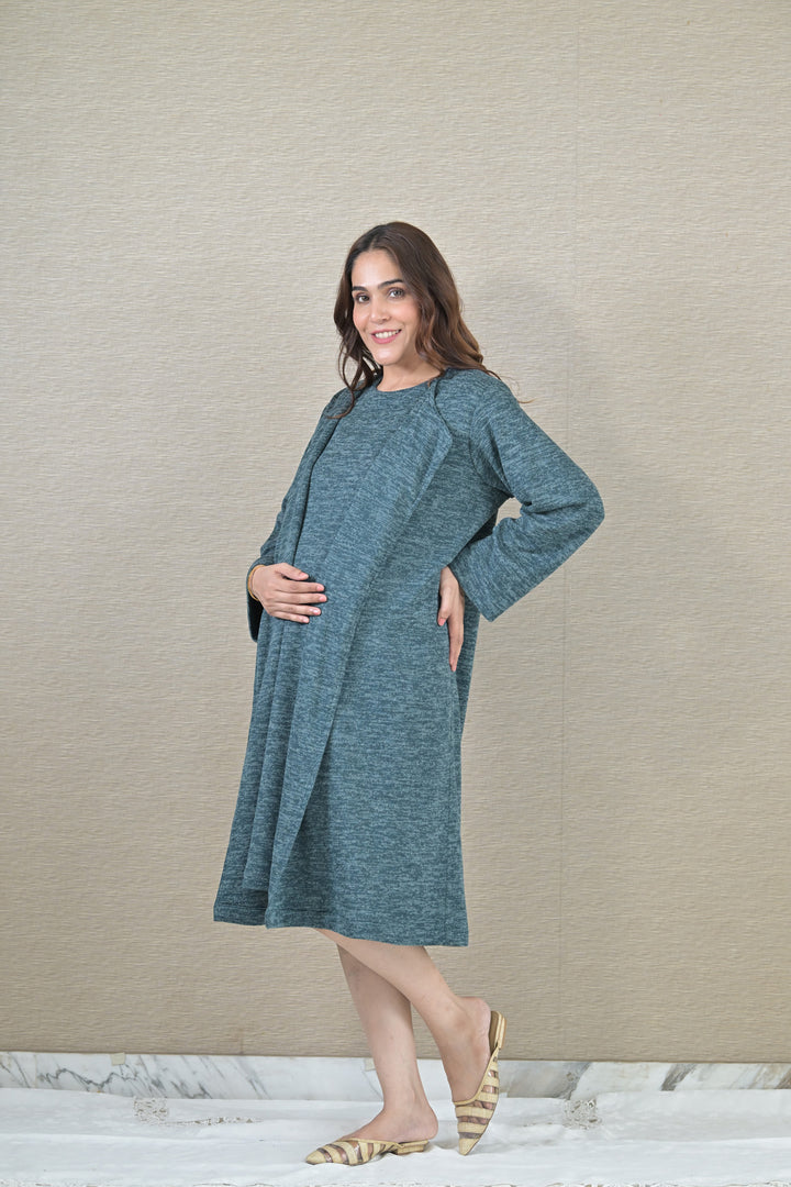 Chic Ocean Green Maternity Dress With Cover Up (2pc) MOMZJOY.COM