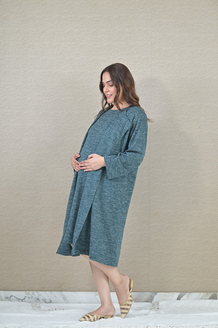 Chic Ocean Green Maternity Dress With Cover Up (2pc) MOMZJOY.COM