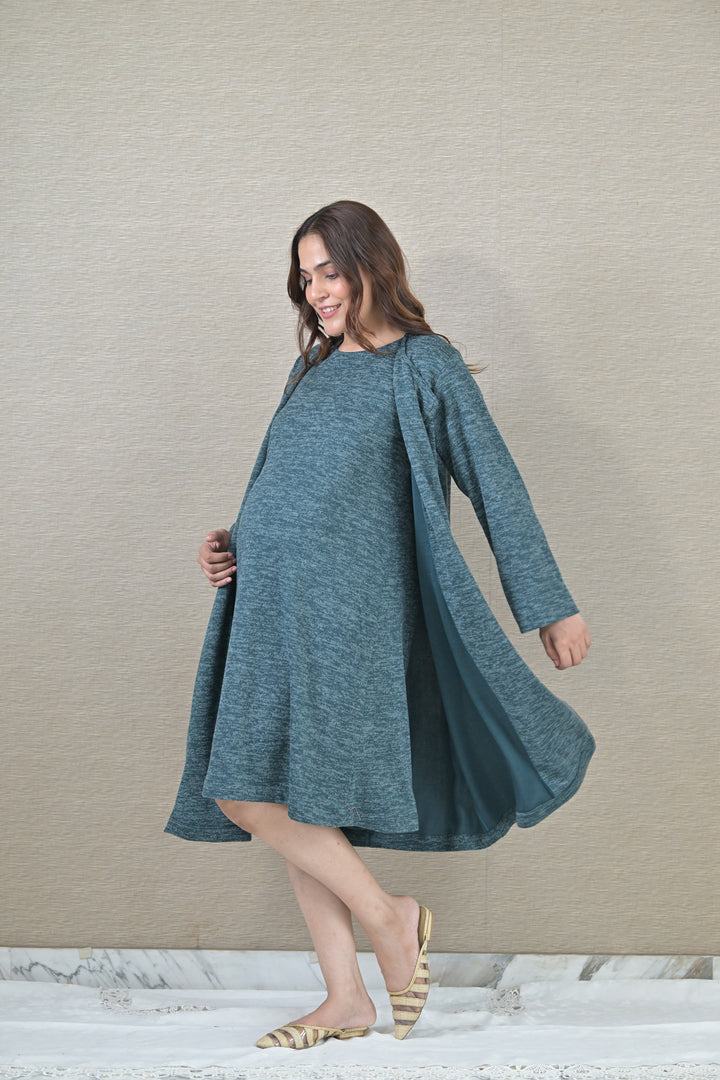 Chic Ocean Green Maternity Dress With Cover Up (2pc) MOMZJOY.COM