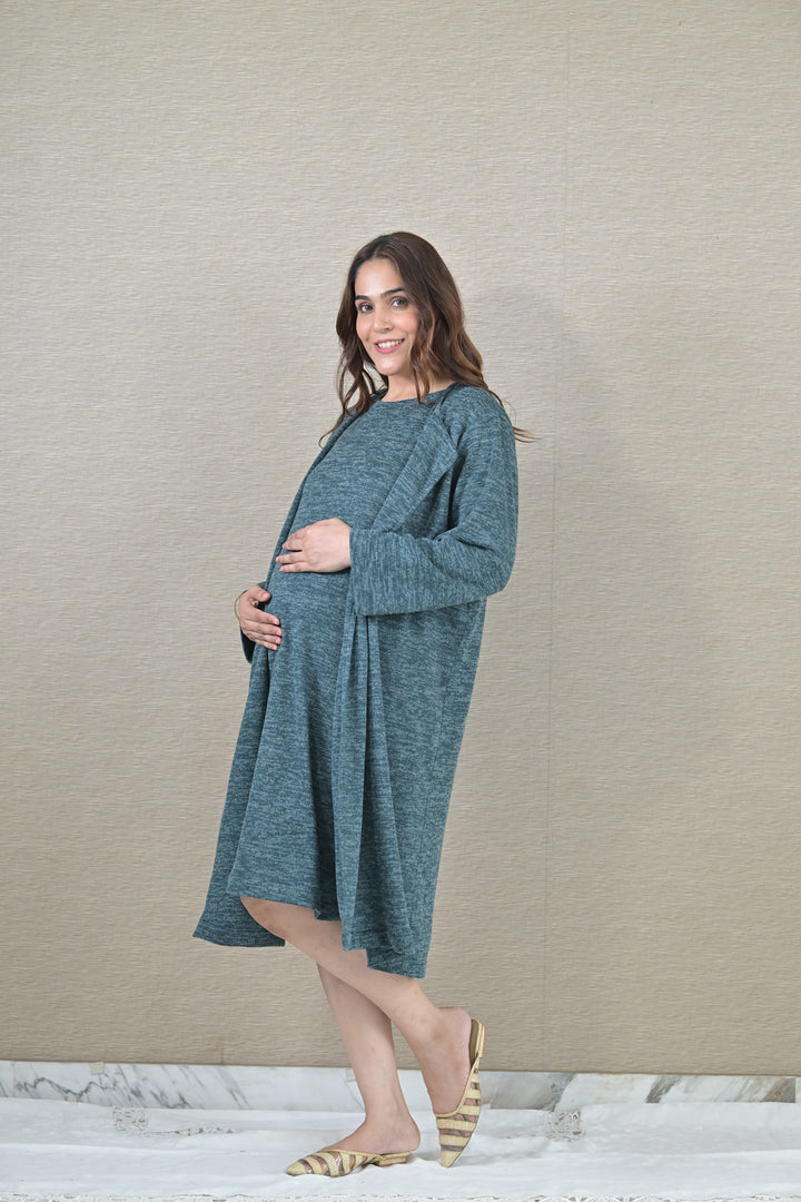 Chic Ocean Green Maternity Dress With Cover Up (2pc) MOMZJOY.COM