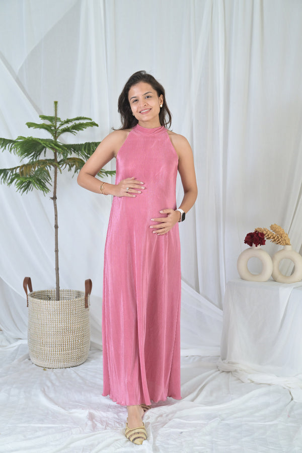 Luxe Hot Pink Maternity Pleated Gown MOMZJOY.COM