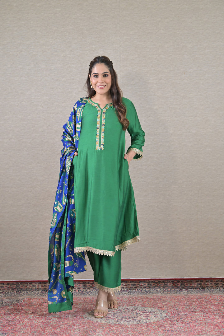 Luxe Emerald Silk Maternity & Nursing Kurta + Bump Band Bottom + Dupatta (3 Pc) momzjoy.com